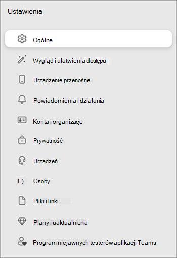 Lista opcji ustawień z ikonami i nazwami