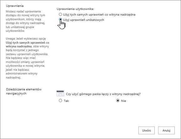 Ekran dodawania witryny typu wiki przedsiębiorstwa z wyróżnioną pozycją Użyj uprawnień unikatowych