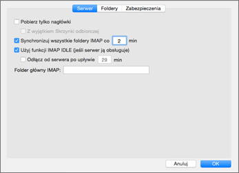 Ustawienia serwera konta IMAP w programie Outlook 2016 dla komputerów Mac