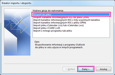 Kreator eksportu programu Outlook — eksport do pliku