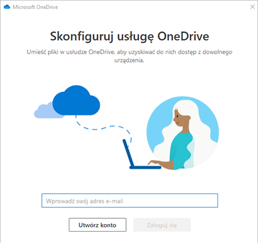 Zrzut ekranu przedstawiający pierwszy ekran konfiguracji usługi OneDrive