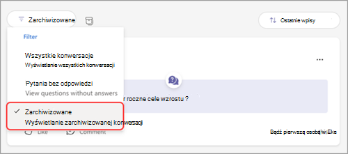 Zrzut ekranu przedstawiający menu rozwijane Filtr q&A z wyróżnioną pozycją zarchiwizowane.