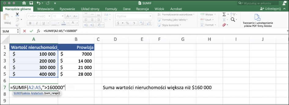 Zrzut ekranu przedstawiający dane programu Excel przy użyciu funkcji SUMIF