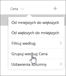 Opcja Grupuj według w menu nagłówka kolumny