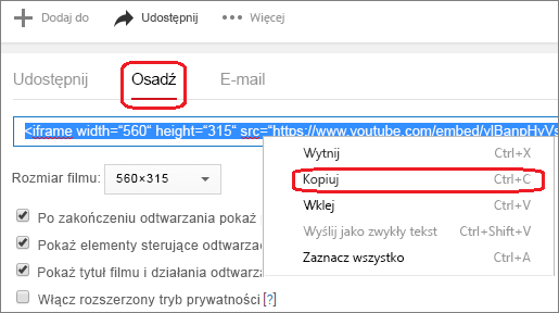 Kopiowanie kodu osadzania elementu iFrame
