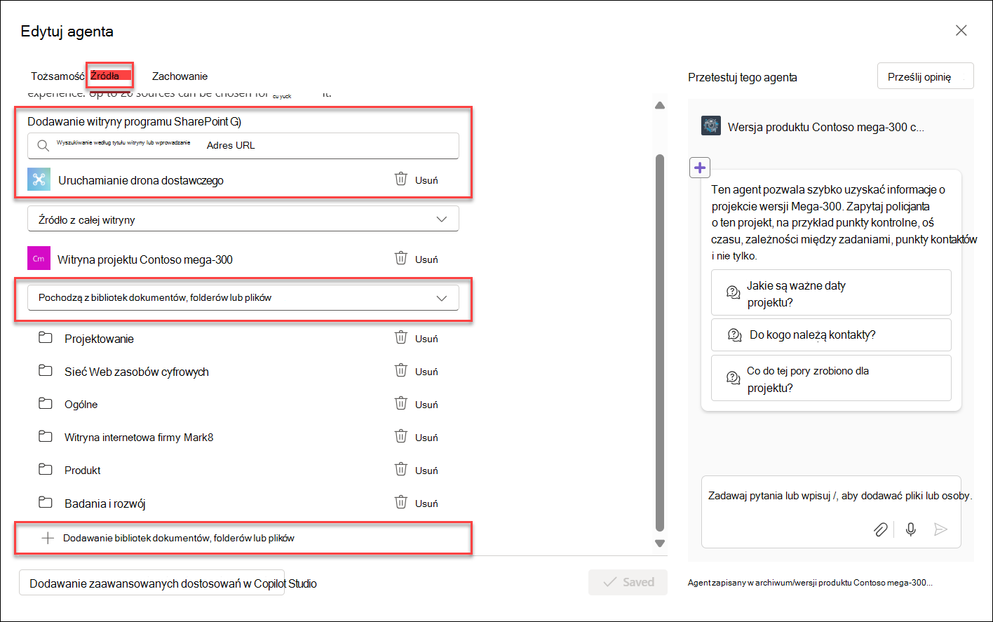 Zrzut ekranu przedstawiający dodawanie zasobów wiedzy do agenta funkcji copilot