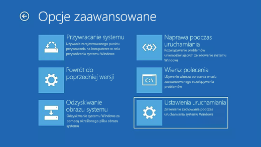 Ekran z opcjami zaawansowanymi w środowisku odzyskiwania systemu Windows.