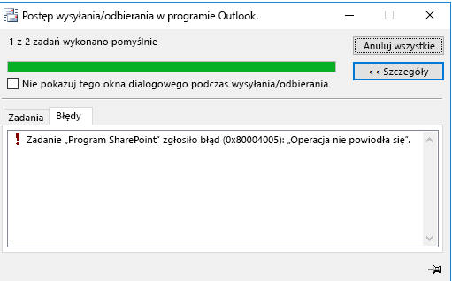Błąd podczas nawiązywania połączenia z biblioteką dokumentów programu SharePoint