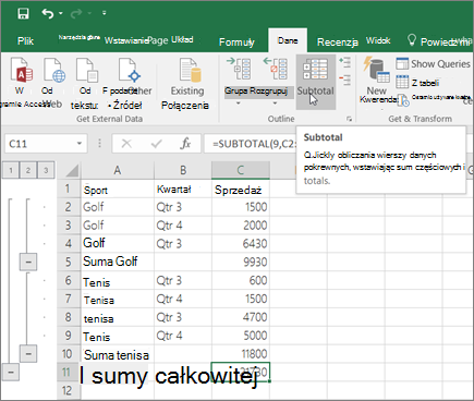 Kliknij pozycję Suma częściowa na karcie Dane, aby dodać wiersz sumy częściowej w danych programu Excel