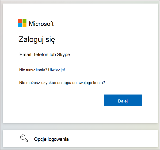 Zrzut ekranu przedstawiający okno dialogowe logowania umożliwiające wprowadzenie adresu e-mail lub numeru telefonu skojarzonego z kontem Microsoft.