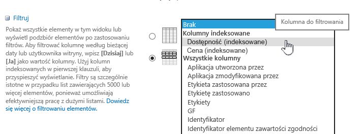 W usłudze SharePoint Online wybierz pole indeksowane