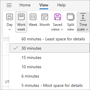 Zrzut ekranu przedstawiający skalę czasu na karcie Widok z wybraną wartością 30 minut