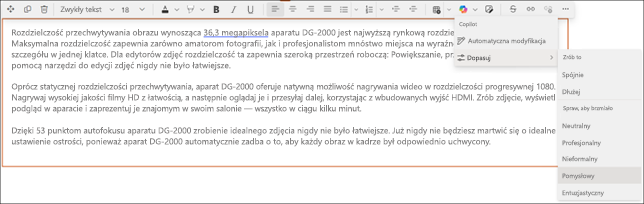 Przykład zmiany tonu sugerowanego tekstu w funkcji Copilot w programie SharePoint — po