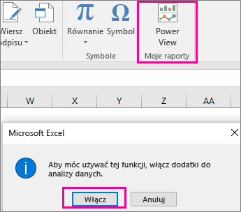 Przycisk niestandardowego widoku przestawnego i okno dialogowe służące do włączenia tego dodatku w programie Excel