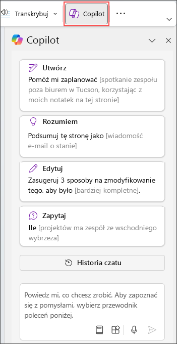 Okienko funkcji Copilot w programie OneNote po prawej stronie strony.