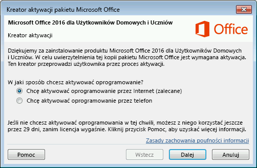Przedstawia Kreatora aktywacji pakietu Microsoft Office