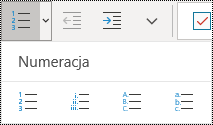 Przyciski list numerowanych na wstążce menu Narzędzia główne w programie OneNote dla systemu Windows 10.