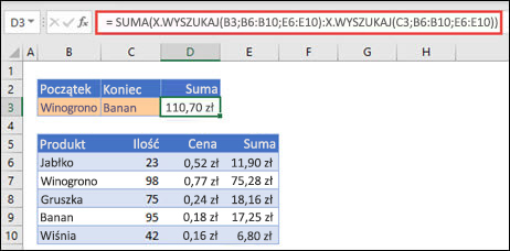 Używanie funkcji X.WYSZUKAJ z funkcją SUMA w celu zsumowania zakresu wartości mieszczących się między dwoma zaznaczeniami