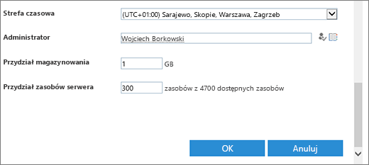 Okno dialogowe nowy zbiór witryn z sekcją strefa czasowa i limity.