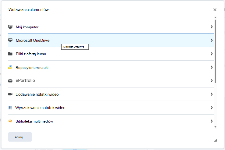 Osadź plik usługi OneDrive w Edytorze Brightspace za pomocą menu Wstaw elementy wstaw.