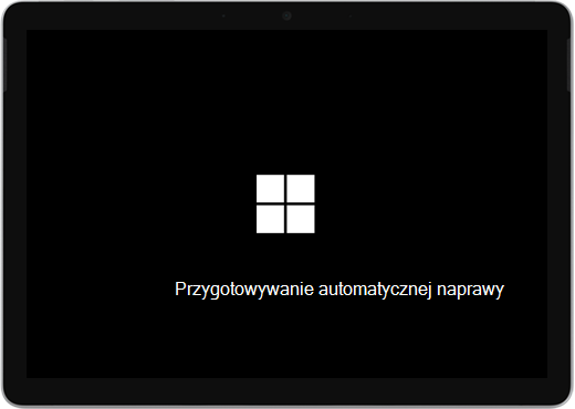 Czarny ekran z logo systemu Windows i tekstem „ Przygotowywanie automatycznej naprawy.”