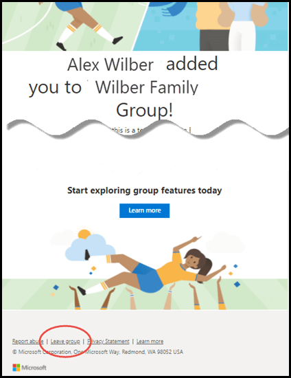 Wiadomość powitalna z grupy Outlook.com, w której jest wyświetlana nazwa osoby, która dodała Cię do grupy, a łącze Opuść grupę u dołu wiadomości.