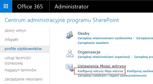 Obraz ekranu menu Ustawienia programu SharePoint i wyróżniony profil użytkownika