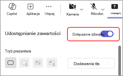 Włącz przełącznik Dołącz dźwięk, aby udostępnić dźwięk z okna, które udostępniasz.