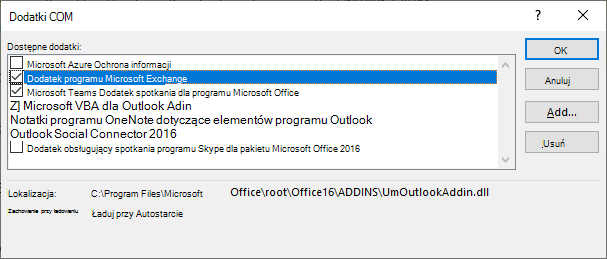 Okno dodatku Outlook coms jest otwarte.