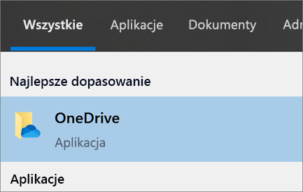 Zrzut ekranu przedstawiający wyszukiwanie aplikacji klasycznej OneDrive w systemie Windows 10