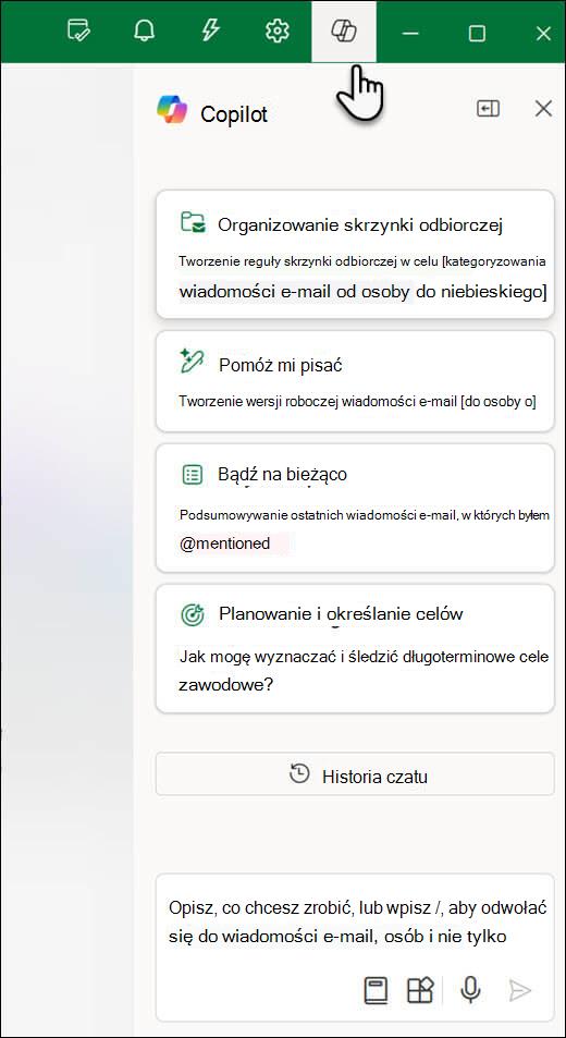 Okienko czatu Copilot w programie Outlook.