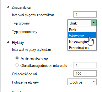 Sekcja Znacznik osi i etykiety w panelu Formatowanie osi