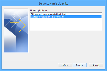 Kreator eksportu programu Outlook — wybieranie pliku CSV