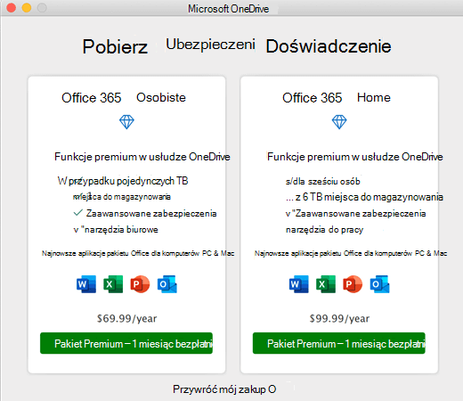 Zrzut ekranu: okno dialogowe Uzyskaj dostęp do premium usługi OneDrive