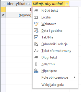 Wycinek ekranu przedstawiający rozwijaną listę „Kliknij, aby dodać” z typami danych