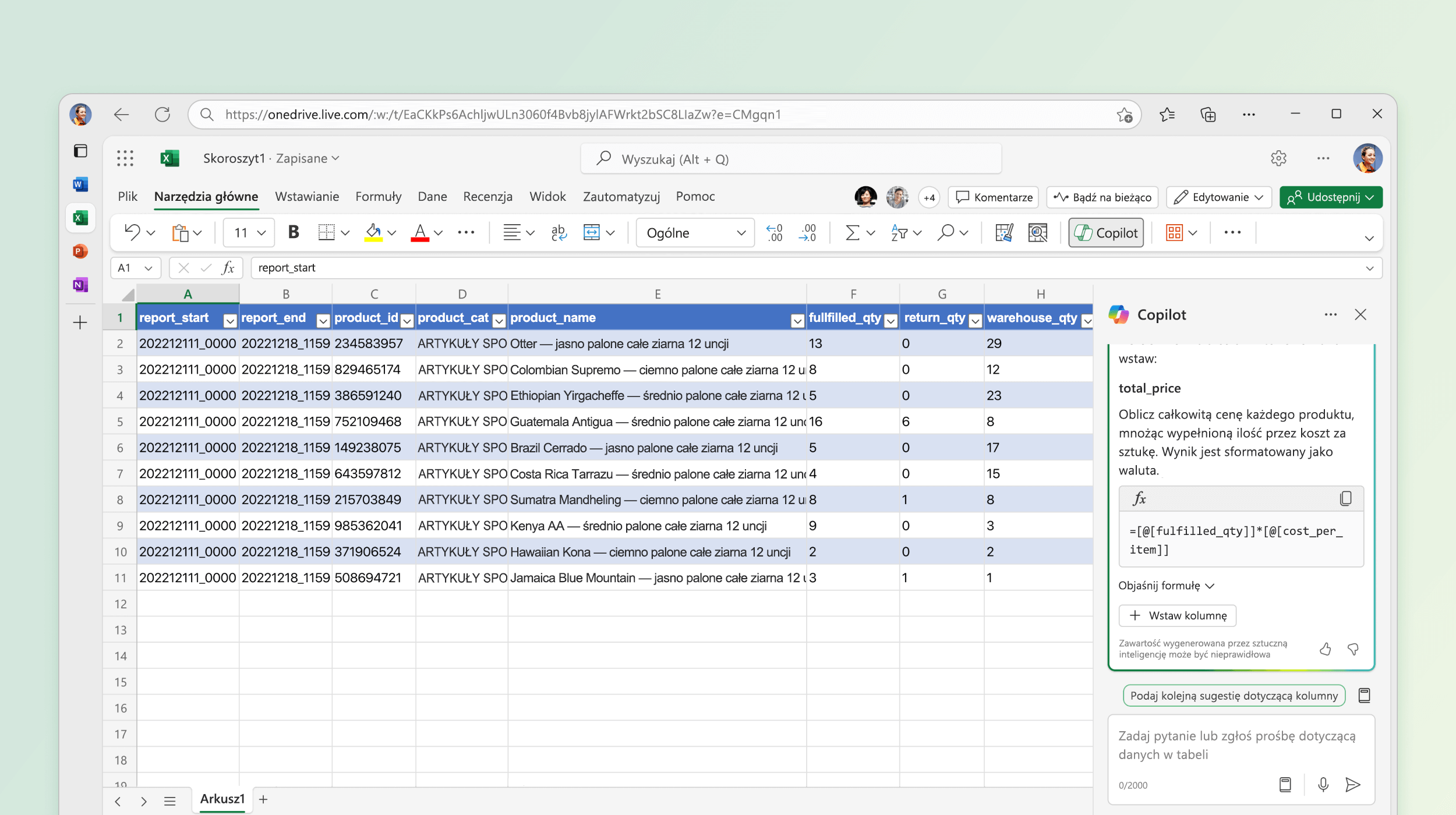 Zrzut ekranu przedstawiający funkcję Copilot w programie Excel sugerującą formułę do obliczenia.