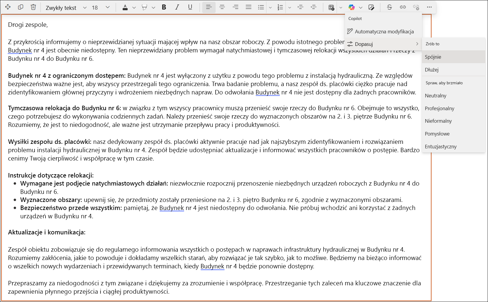 Zrzut ekranu przedstawiający długi tekst w edytorze tekstu sformatowanego programu SharePoint.