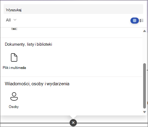 Zrzut ekranu przedstawiający okienko umożliwiające wybranie składnika Web Part z wyświetlonym składnikiem Web Part Plik i multimedia oraz Osoby.