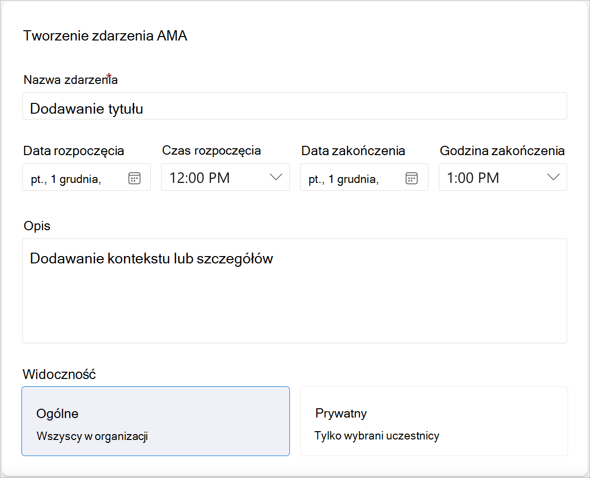 Zrzut ekranu przedstawiający pola wymagane do utworzenia zdarzenia AMA.
