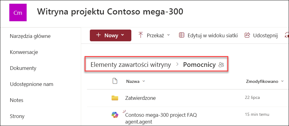 zrzut ekranu przedstawiający miejsce zapisywania agentów funkcji copilot w przypadku utworzenia ze strony głównej