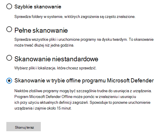 Okno dialogowe Opcje skanowania z wybranym Microsoft Defender skanowania w trybie offline.