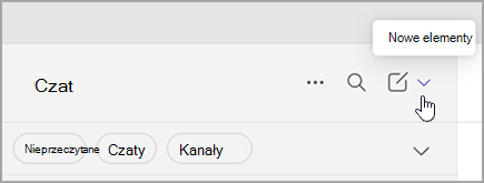 Zrzut ekranu przedstawiający opcję wybierania nowych elementów z połączonego widoku. Znajduje się on po prawej stronie, powyżej listy czatów i kanałów.