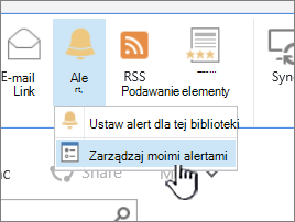 Wyróżniony przycisk Zarządzaj alertem w programie SharePoint 2016