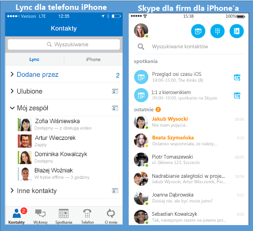 Migawki ekranu programu Lync i Skype dla firm obok siebie
