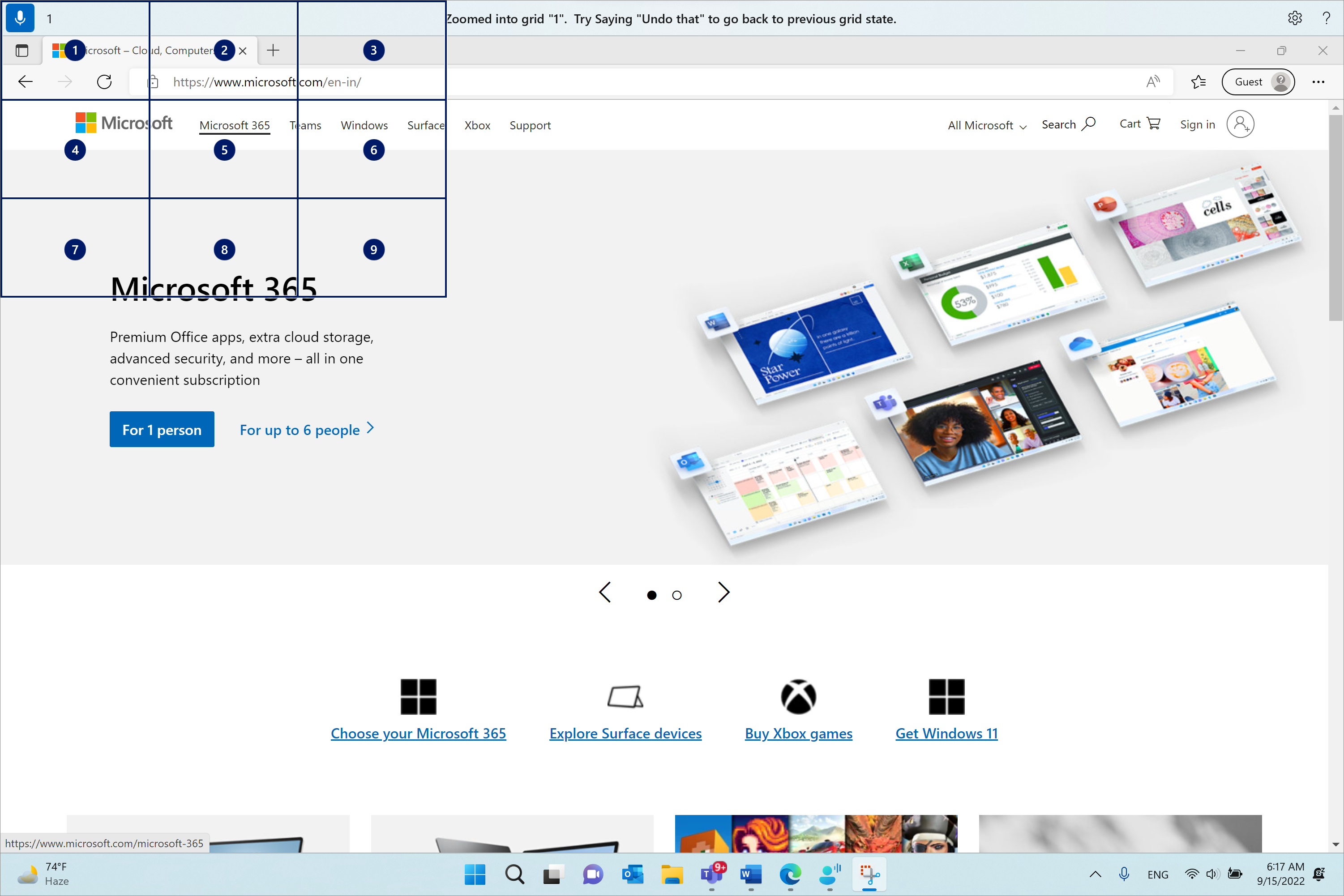 Przeglądarka Microsoft Edge jest otwarta i znajduje się na stronie Microsoft.com. Pasek dostępu głosowego znajduje się na górze i w stanie słuchania. Wydane polecenie to "1", a wyświetlana opinia to "Powiększono do siatki "1". Spróbuj powiedzieć "cofnij to", aby powrócić do poprzedniego stanu siatki."