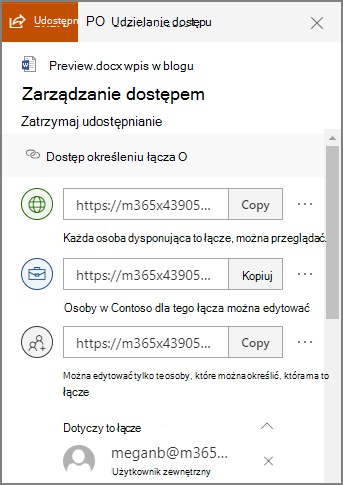 Zrzut ekranu przedstawiający panel zarządzania dostępem z linkami udostępniania.