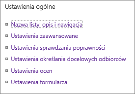 Lista linków ustawień ogólnych