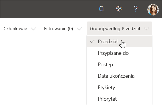 Zrzut ekranu przedstawiający funkcję Grupowanie według listy rozwijanej w programie Planner, po wybraniu pozycji Zasobnik.