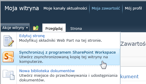 Polecenie Synchronizuj z programem SharePoint Workspace w menu Akcje witryny