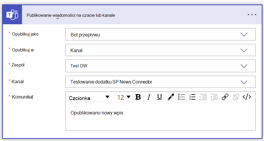 zrzut ekranu przedstawiający wiadomość z wypełnionym formularzem kanału czatu